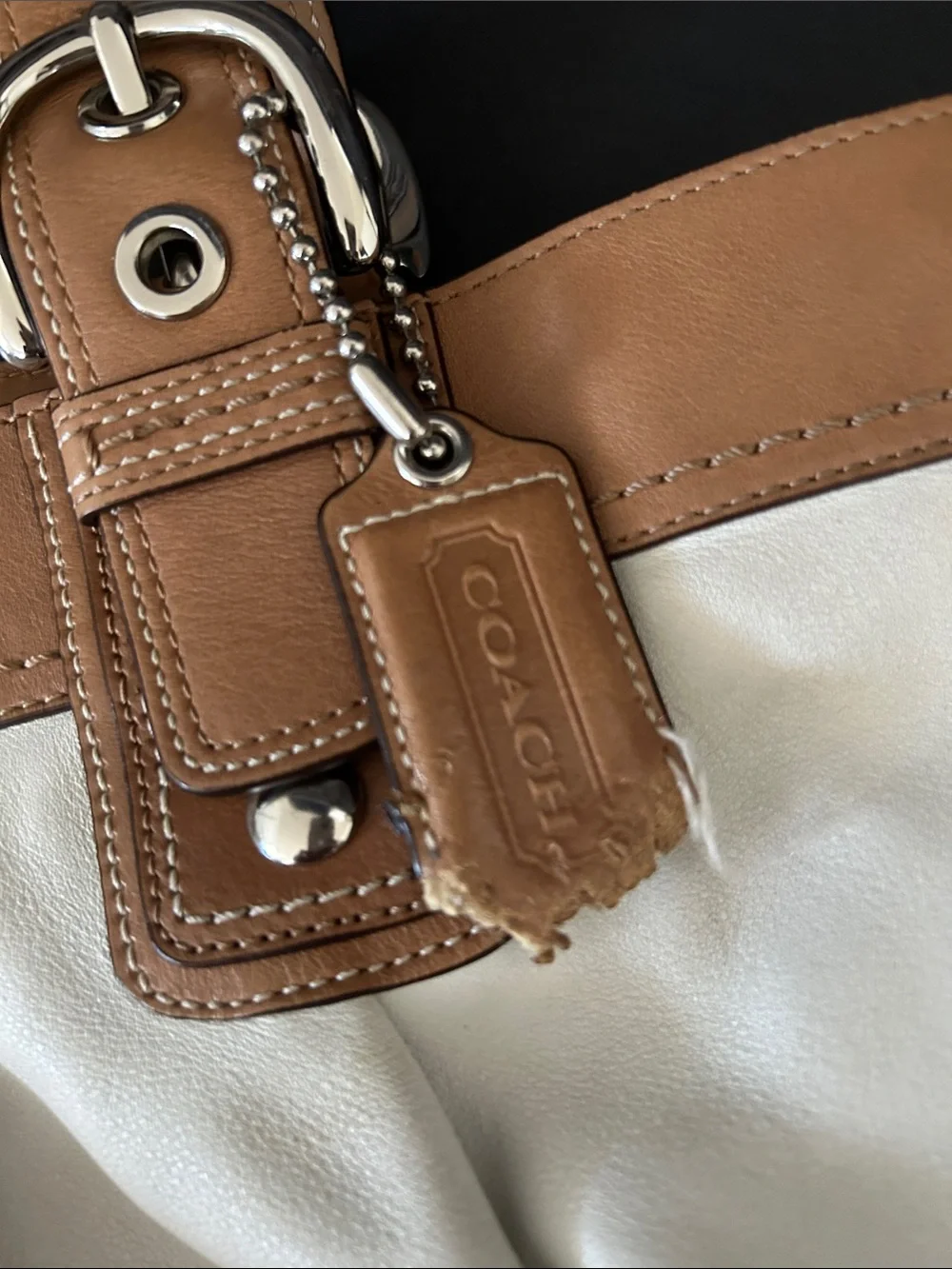 Coach Cream Canvas Shoulder Bag with Tan Leather Trim